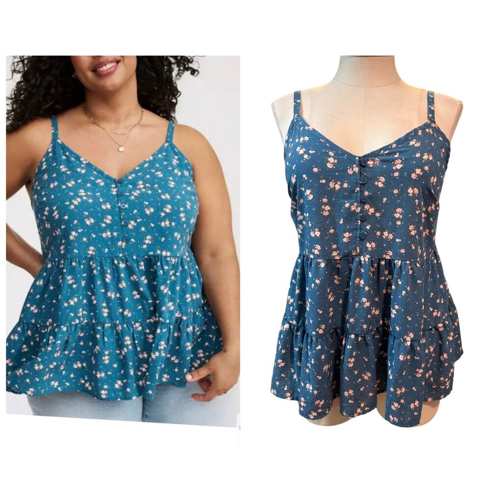 Torrid 0 (0X) Ditsy Floral Challis Drop Waist Tiered V-Neck Cami Tank Top‎ New